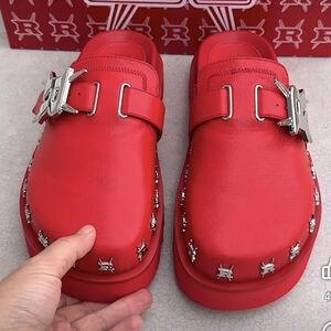 Red Leather Slip-On Shoes with Silver Accents